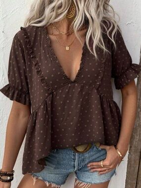 SHEIN Brown Ruffle V-Neck Peplum Blouse